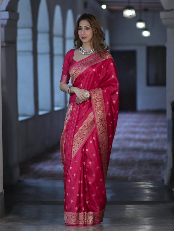 Banarasee Handloom Semi Silk Saree With Zari Buti Design & Zari Border-Magenta