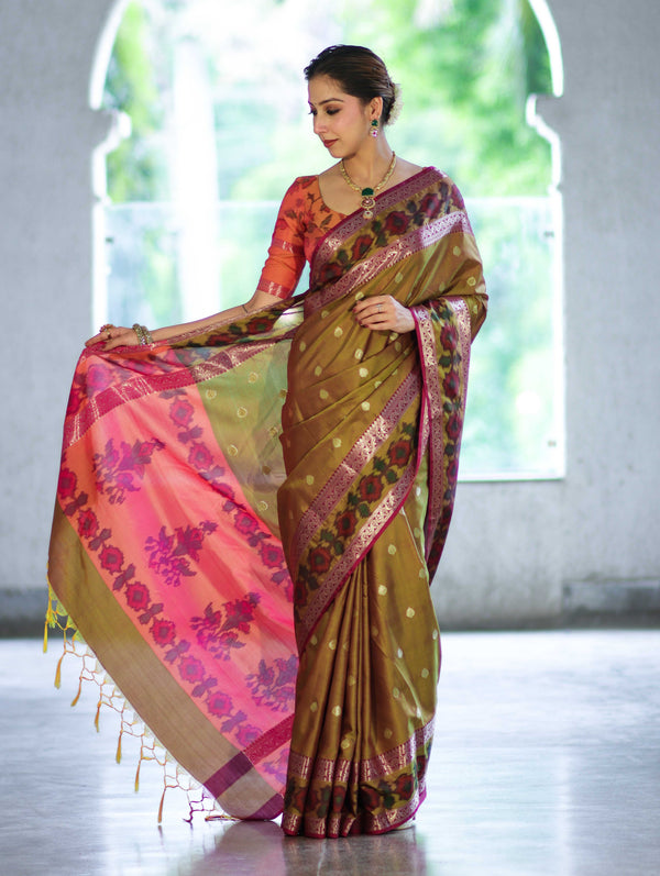 Banarasee Handloom Dual Tone Semi Silk Saree With Buti Design & Ikkat Border-Olive Yellow (Gold Tone)