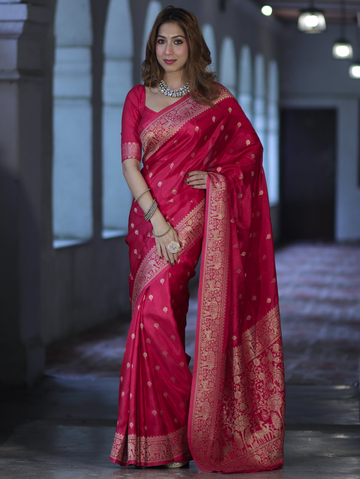 Banarasee Handloom Semi Silk Saree With Zari Buti Design & Zari Border-Magenta