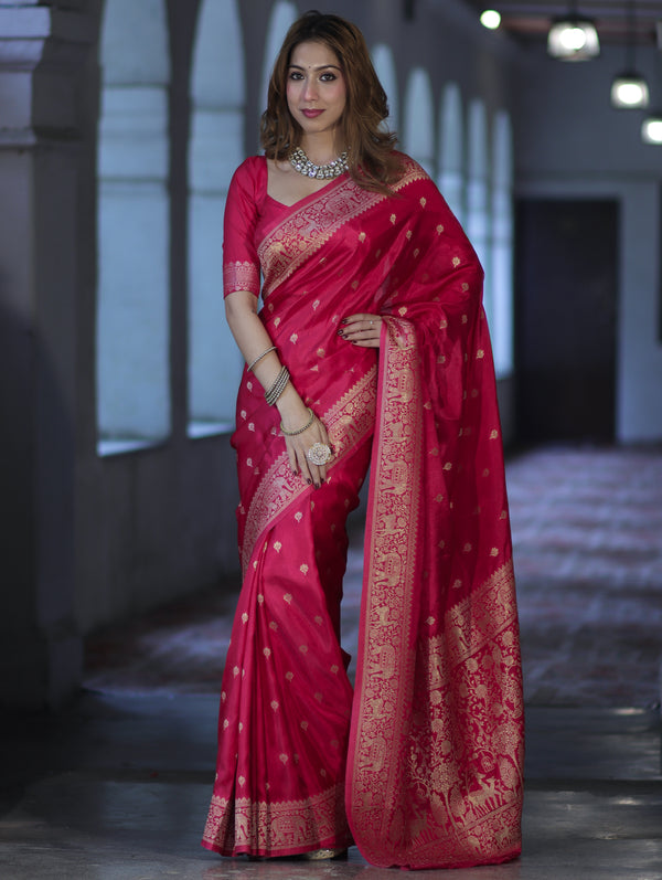 Banarasee Handloom Semi Silk Saree With Zari Buti Design & Zari Border-Magenta