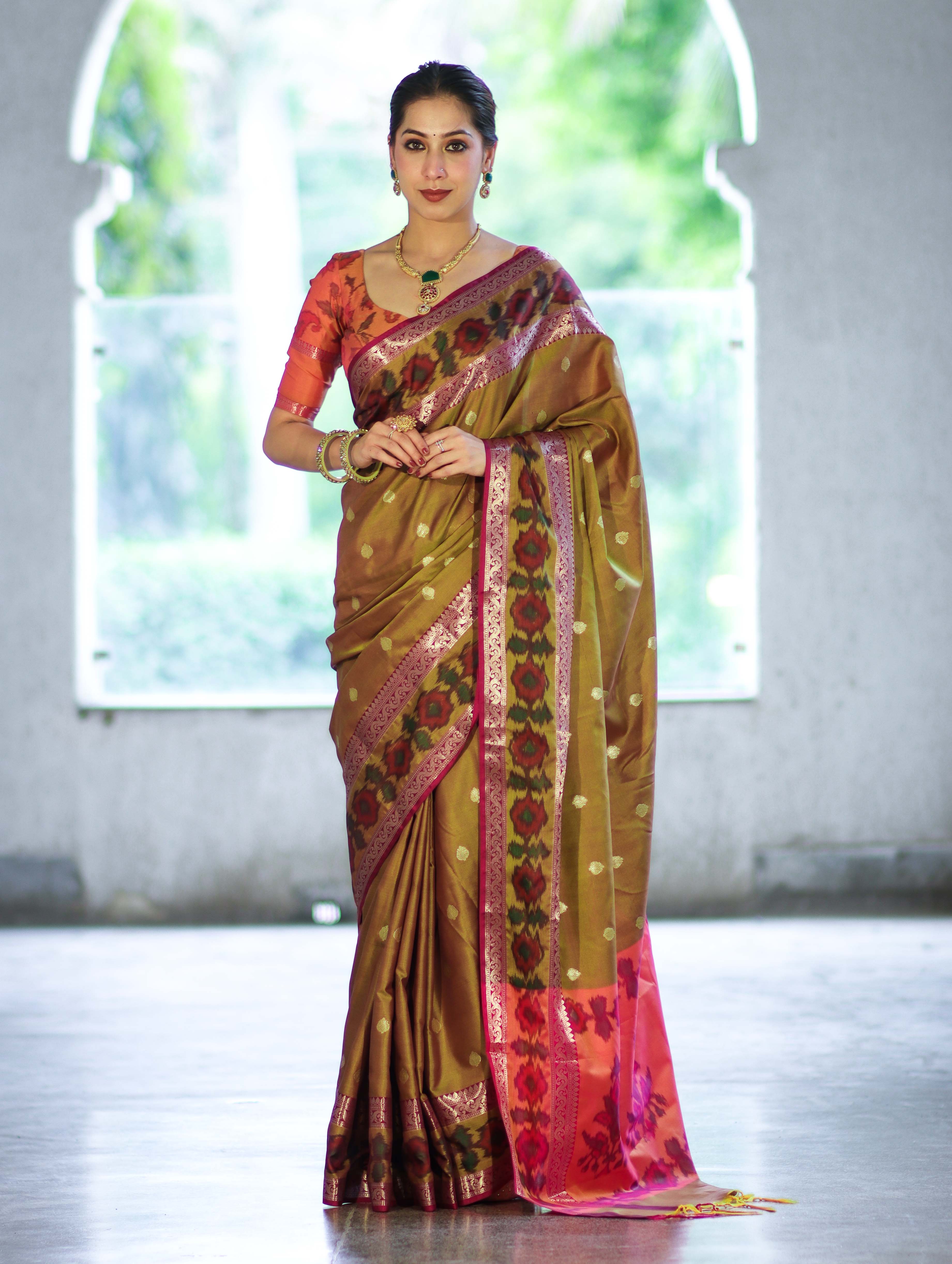 Banarasee Handloom Dual Tone Semi Silk Saree With Buti Design & Ikkat Border-Olive Yellow (Gold Tone)
