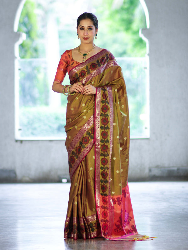 Banarasee Handloom Dual Tone Semi Silk Saree With Buti Design & Ikkat Border-Olive Yellow (Gold Tone)