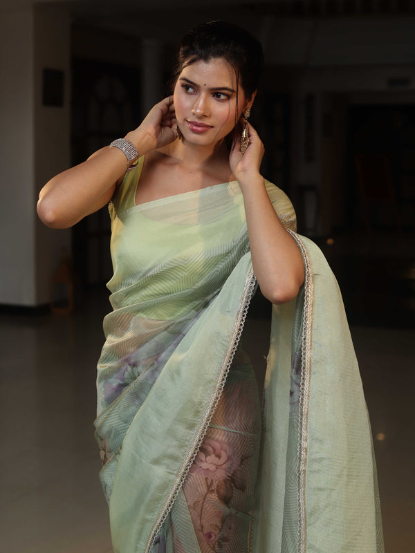 Banarasee Digital Printed Tissue Saree With Lace-Light Green