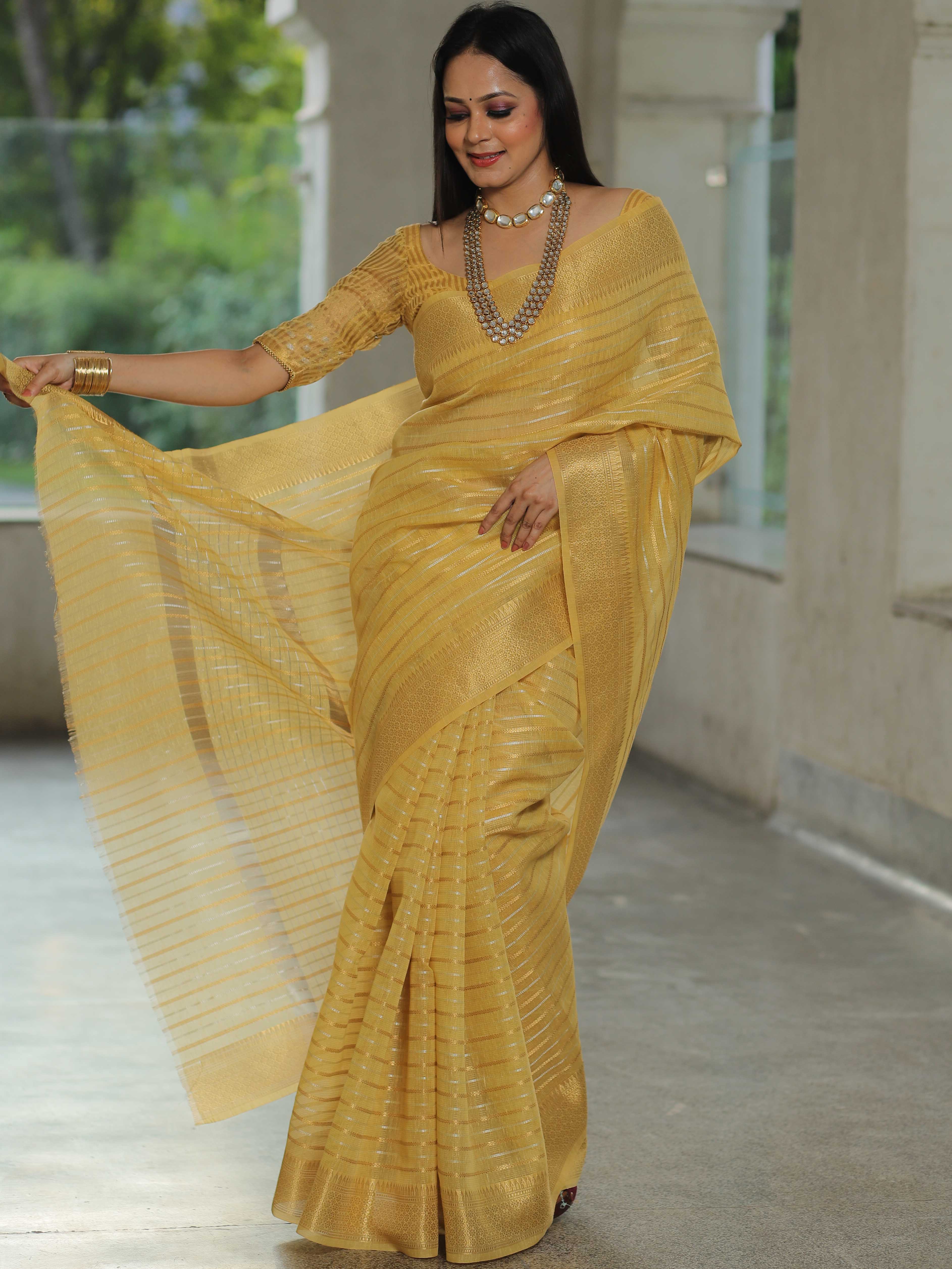 Banarasee Linen Tissue Sona Rupa Stripes Zari Work Saree-Yellow