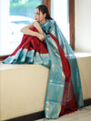 Banarasee Handloom Plain Semi Silk Saree With Contrast Temple Border-Maroon & Blue