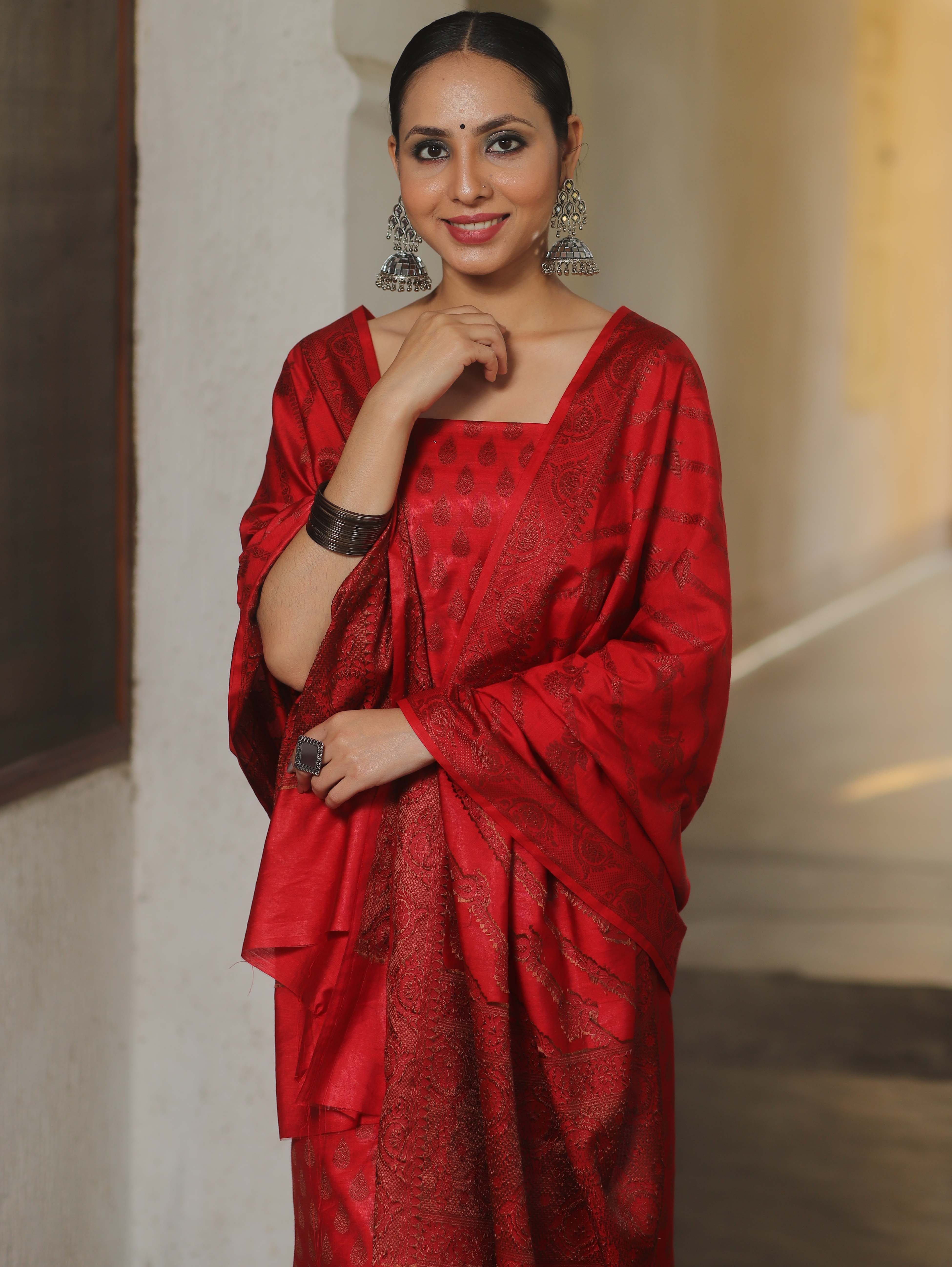 Banarasee Semi Katan Silk Salwar Kameez Fabric With Dupatta Resham Zari Work-Red