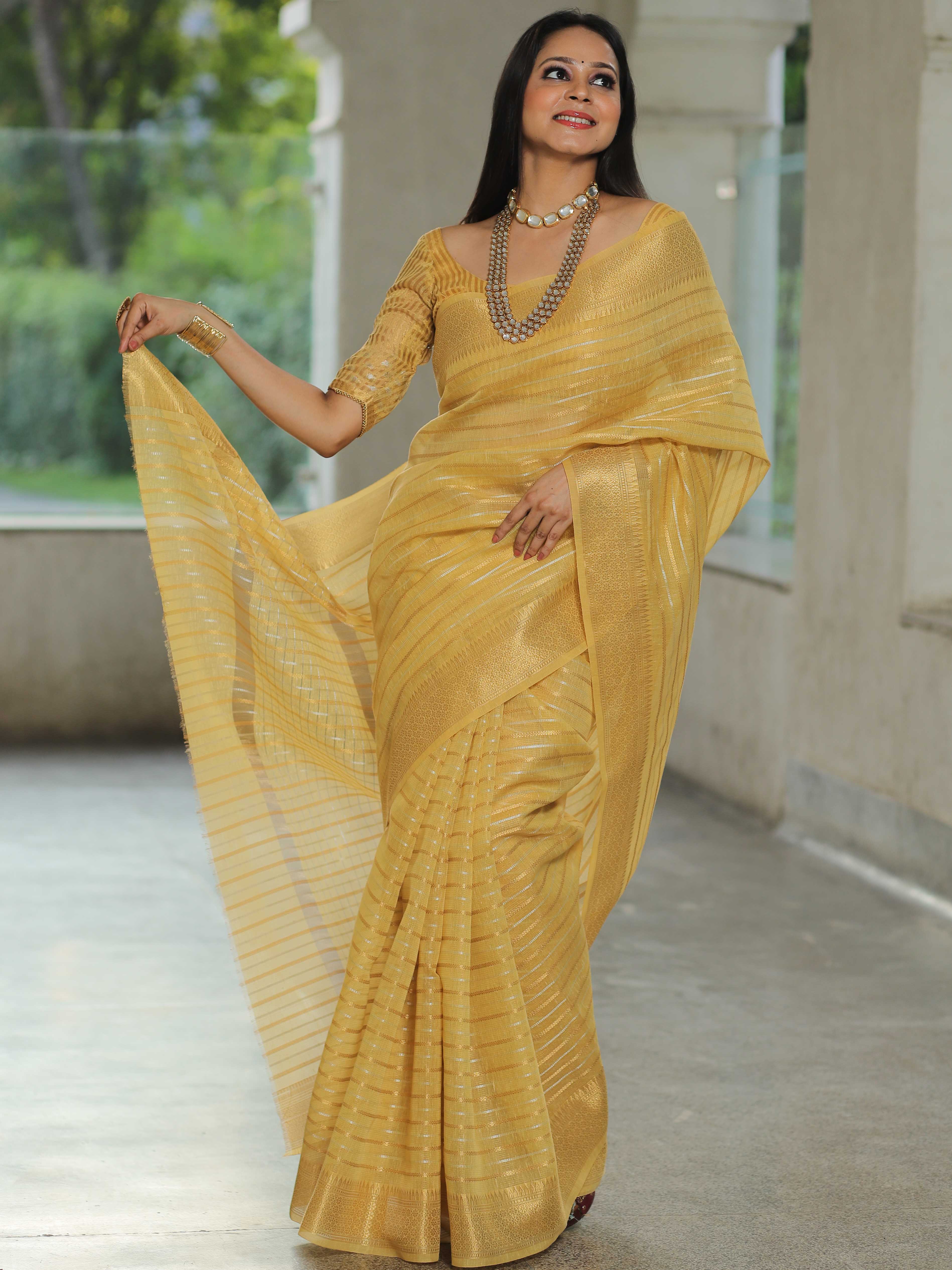 Banarasee Linen Tissue Sona Rupa Stripes Zari Work Saree-Yellow
