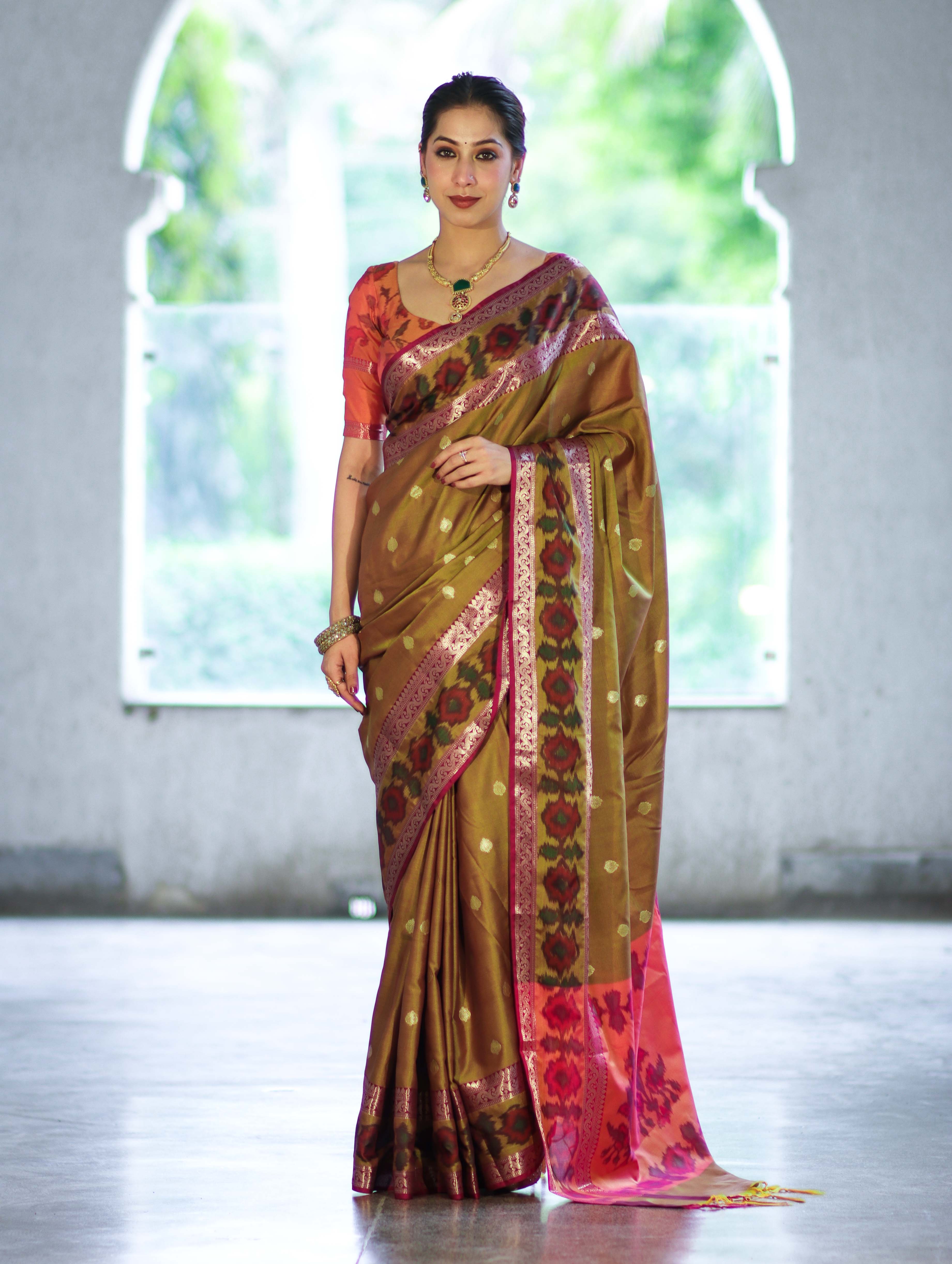 Banarasee Handloom Dual Tone Semi Silk Saree With Buti Design & Ikkat Border-Olive Yellow (Gold Tone)