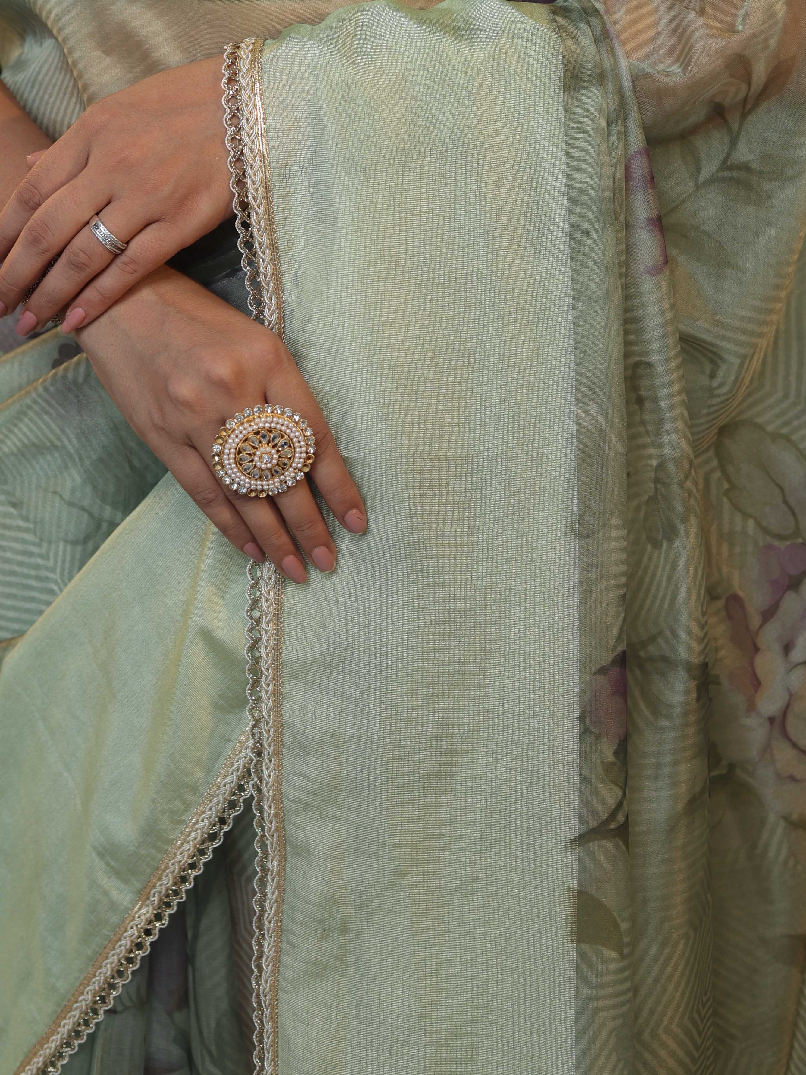 Banarasee Digital Printed Tissue Saree With Lace-Light Green