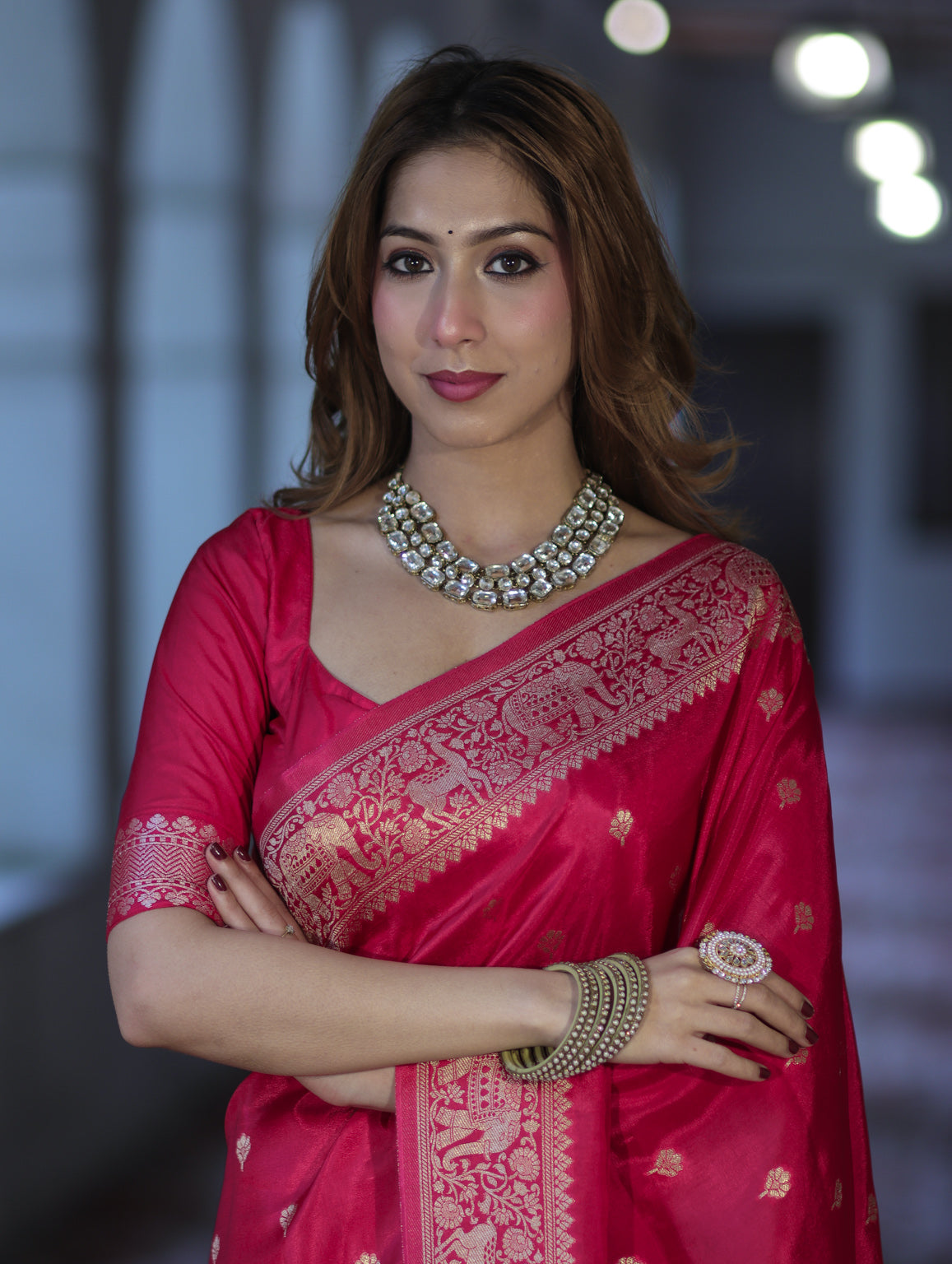 Banarasee Handloom Semi Silk Saree With Zari Buti Design & Zari Border-Magenta