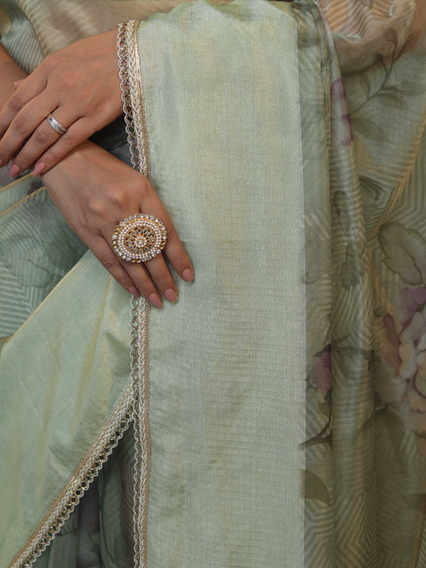 Banarasee Digital Printed Tissue Saree With Lace-Light Green