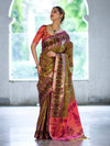 Banarasee Handloom Dual Tone Semi Silk Saree With Buti Design & Ikkat Border-Olive Yellow (Gold Tone)