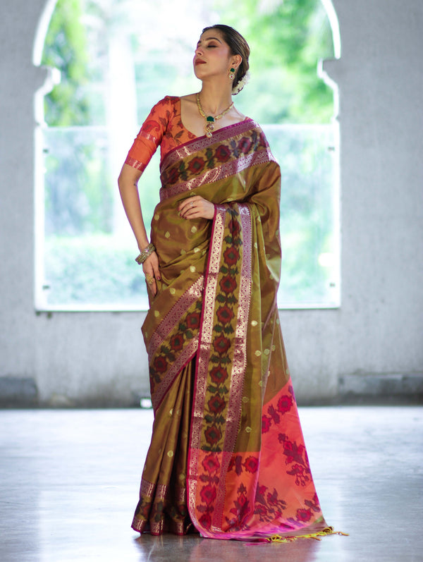 Banarasee Handloom Dual Tone Semi Silk Saree With Buti Design & Ikkat Border-Olive Yellow (Gold Tone)