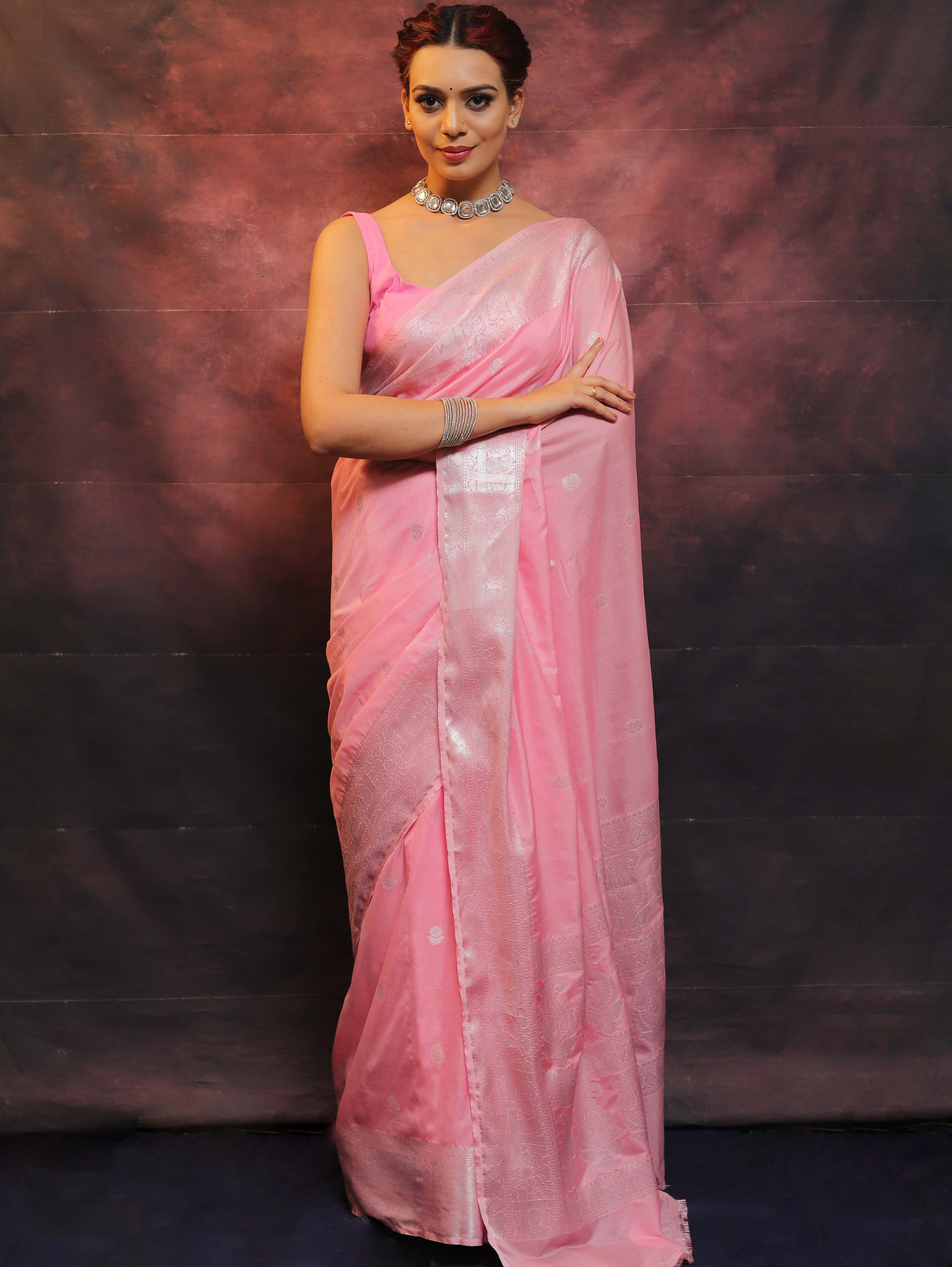 Banarasee Handwoven Semi-Chiffon Saree With Silver Zari Buta & Border-Baby Pink