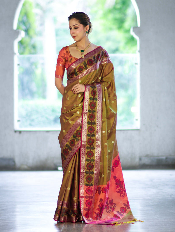 Banarasee Handloom Dual Tone Semi Silk Saree With Buti Design & Ikkat Border-Olive Green (Gold Tone)