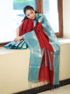 Banarasee Handloom Plain Semi Silk Saree With Contrast Temple Border-Maroon & Blue