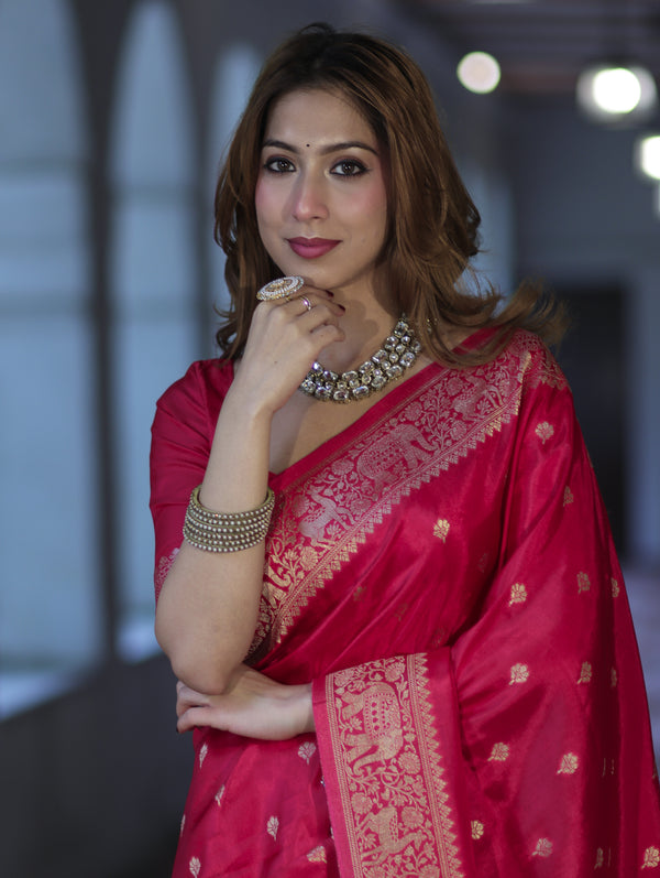 Banarasee Handloom Semi Silk Saree With Zari Buti Design & Zari Border-Magenta