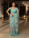 Banarasee Digital Printed Tissue Saree With Lace-Mint Green