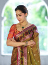 Banarasee Handloom Dual Tone Semi Silk Saree With Buti Design & Ikkat Border-Olive Yellow (Gold Tone)