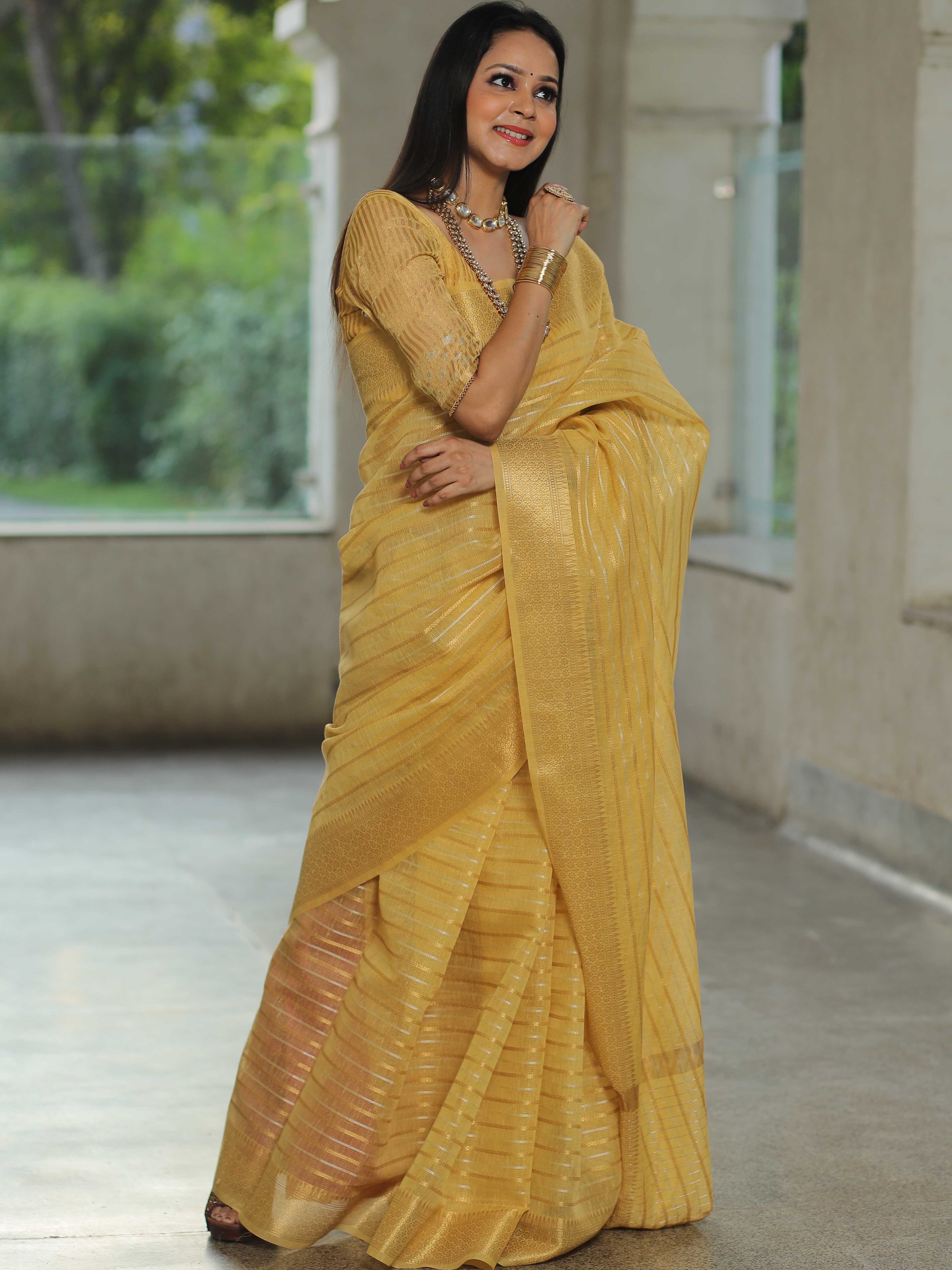 Banarasee Linen Tissue Sona Rupa Stripes Zari Work Saree-Yellow