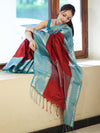 Banarasee Handloom Plain Semi Silk Saree With Contrast Temple Border-Maroon & Blue