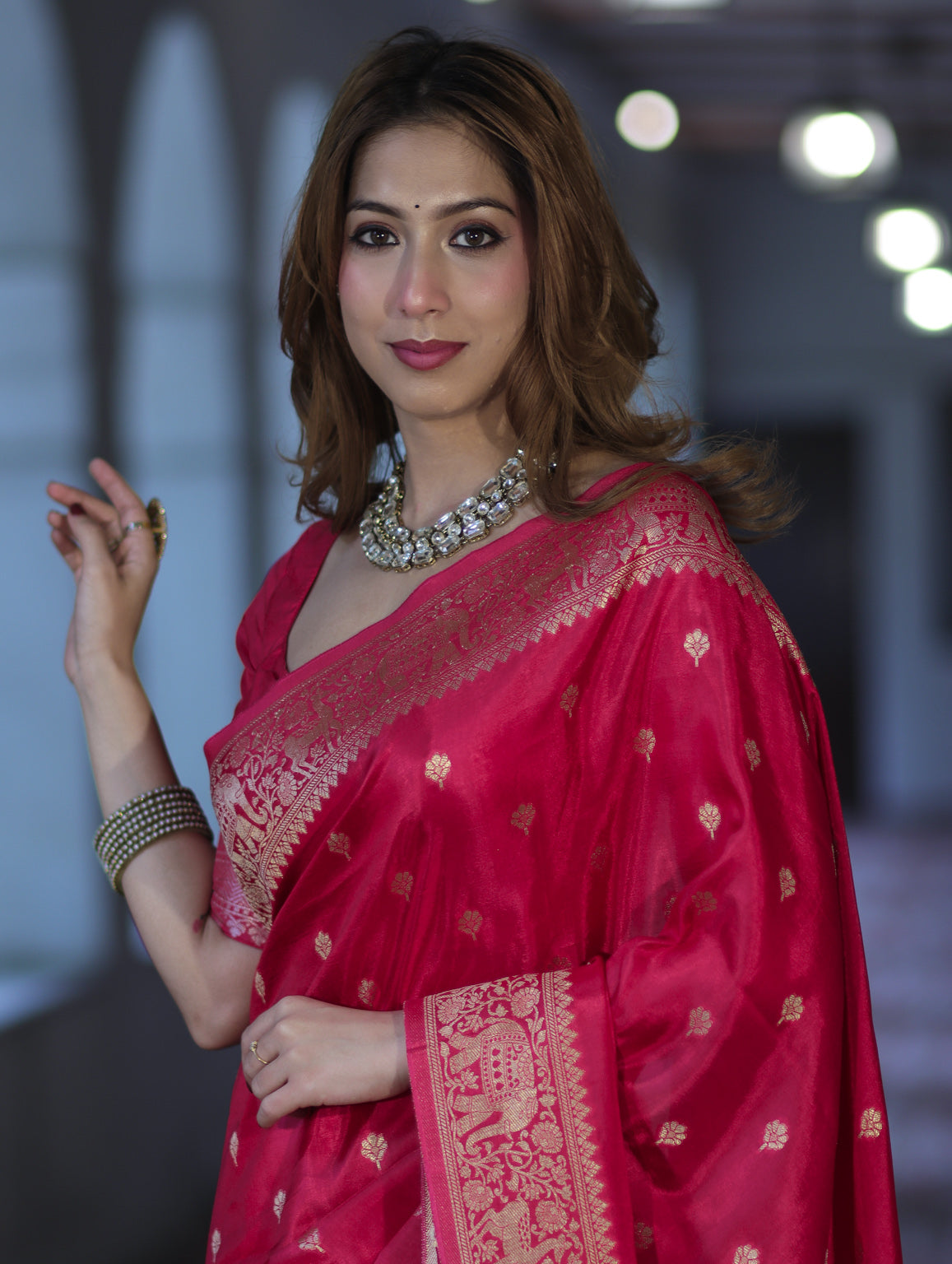 Banarasee Handloom Semi Silk Saree With Zari Buti Design & Zari Border-Magenta