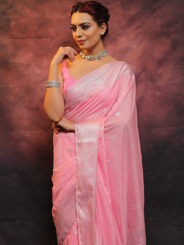 Banarasee Handwoven Semi-Chiffon Saree With Silver Zari Buta & Border-Baby Pink