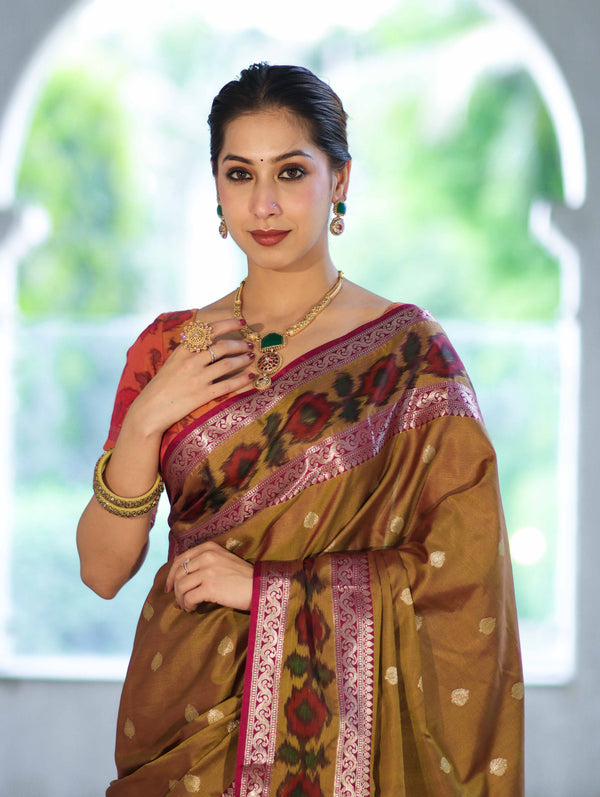 Banarasee Handloom Dual Tone Semi Silk Saree With Buti Design & Ikkat Border-Olive Yellow (Gold Tone)