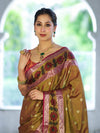Banarasee Handloom Dual Tone Semi Silk Saree With Buti Design & Ikkat Border-Olive Yellow (Gold Tone)