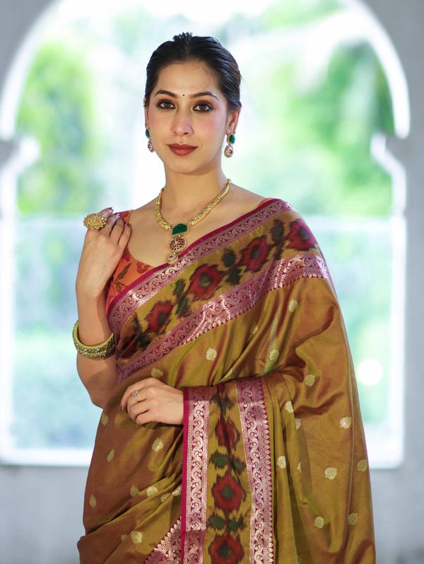 Banarasee Handloom Dual Tone Semi Silk Saree With Buti Design & Ikkat Border-Olive Yellow (Gold Tone)