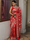 Banarasee Semi-Katan Zari Jaal Saree-Red