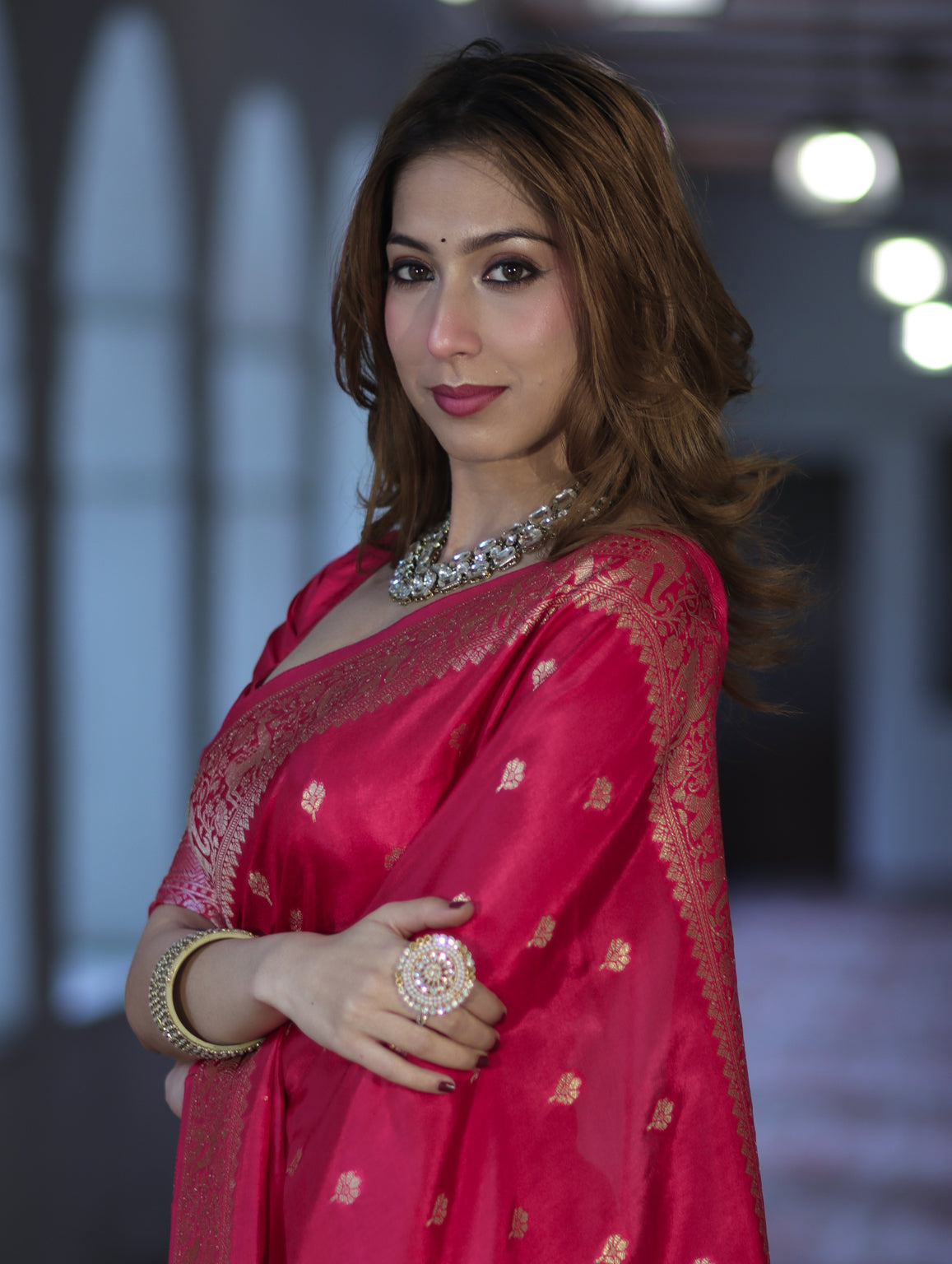 Banarasee Handloom Semi Silk Saree With Zari Buti Design & Zari Border-Magenta