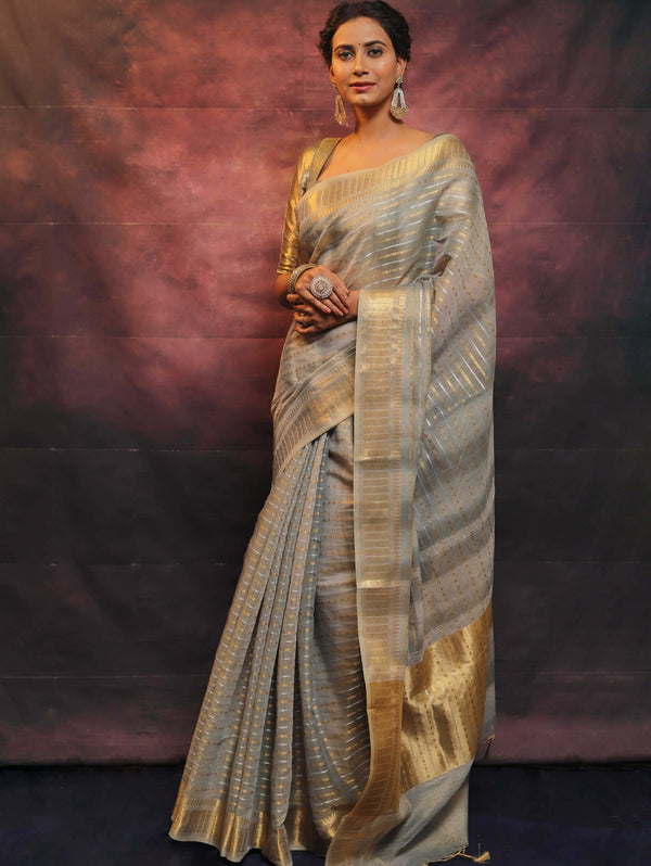 Banarasee Linen Tissue Sona Rupa Zari Work Saree-Grey