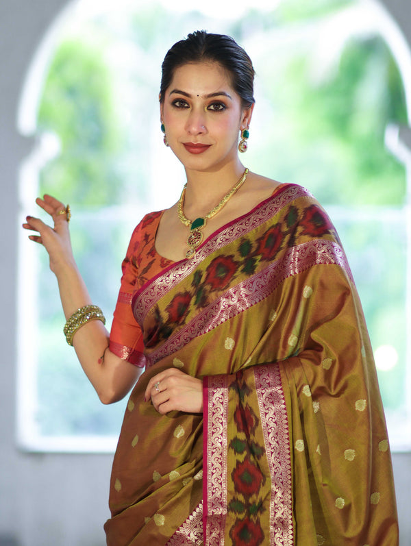 Banarasee Handloom Dual Tone Semi Silk Saree With Buti Design & Ikkat Border-Olive Green (Gold Tone)