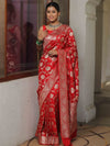 Banarasee Semi-Katan Zari Jaal Saree-Red