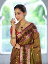 Banarasee Handloom Dual Tone Semi Silk Saree With Buti Design & Ikkat Border-Olive Yellow (Gold Tone)