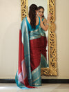 Banarasee Handloom Plain Semi Silk Saree With Contrast Temple Border-Maroon & Blue