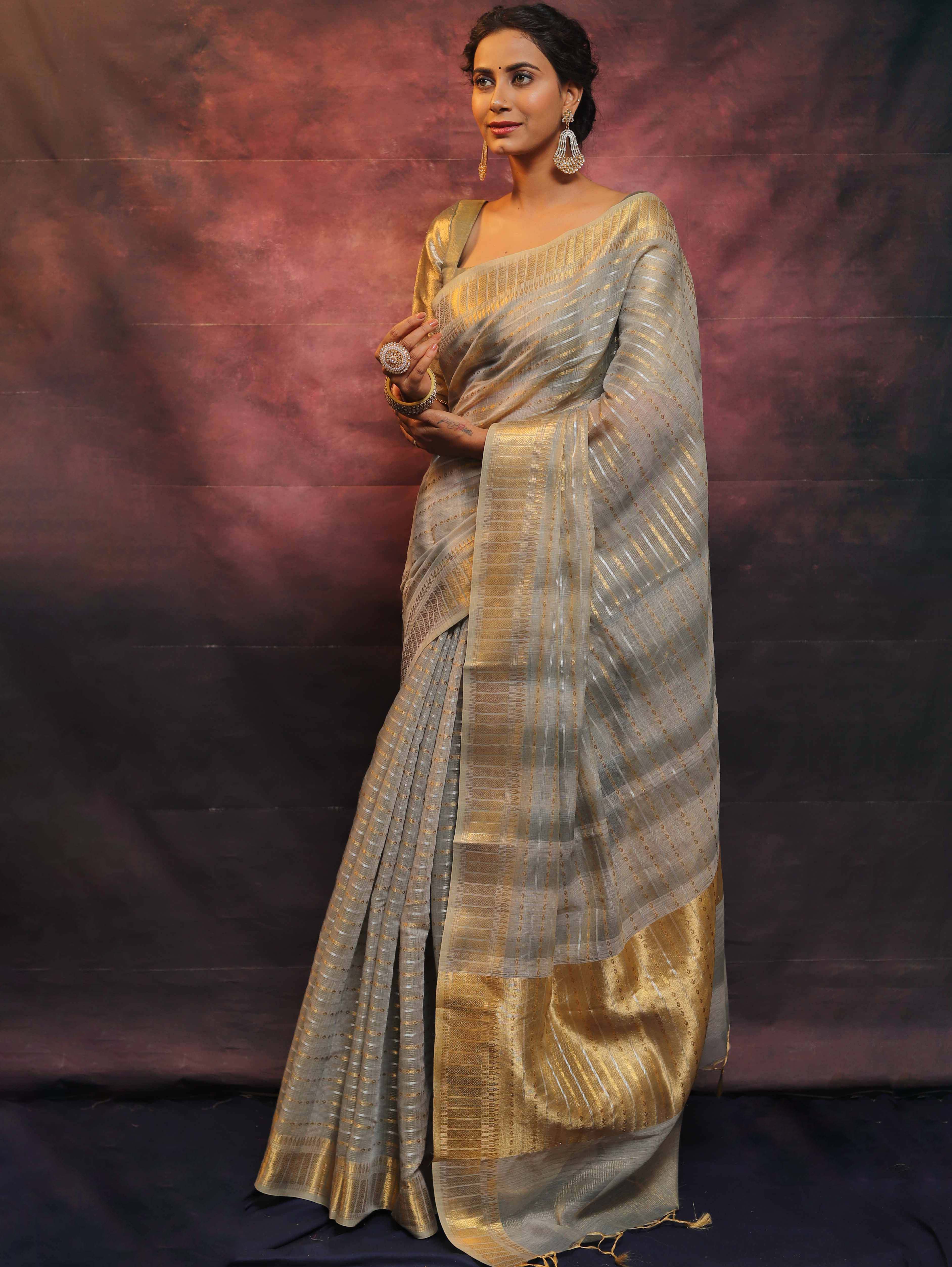 Banarasee Linen Tissue Sona Rupa Zari Work Saree-Grey