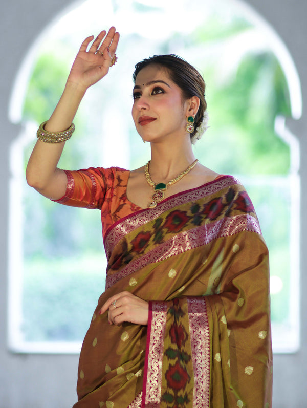 Banarasee Handloom Dual Tone Semi Silk Saree With Buti Design & Ikkat Border-Olive Yellow (Gold Tone)