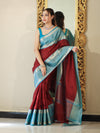 Banarasee Handloom Plain Semi Silk Saree With Contrast Temple Border-Maroon & Blue