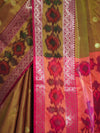 Banarasee Handloom Dual Tone Semi Silk Saree With Buti Design & Ikkat Border-Olive Yellow (Gold Tone)