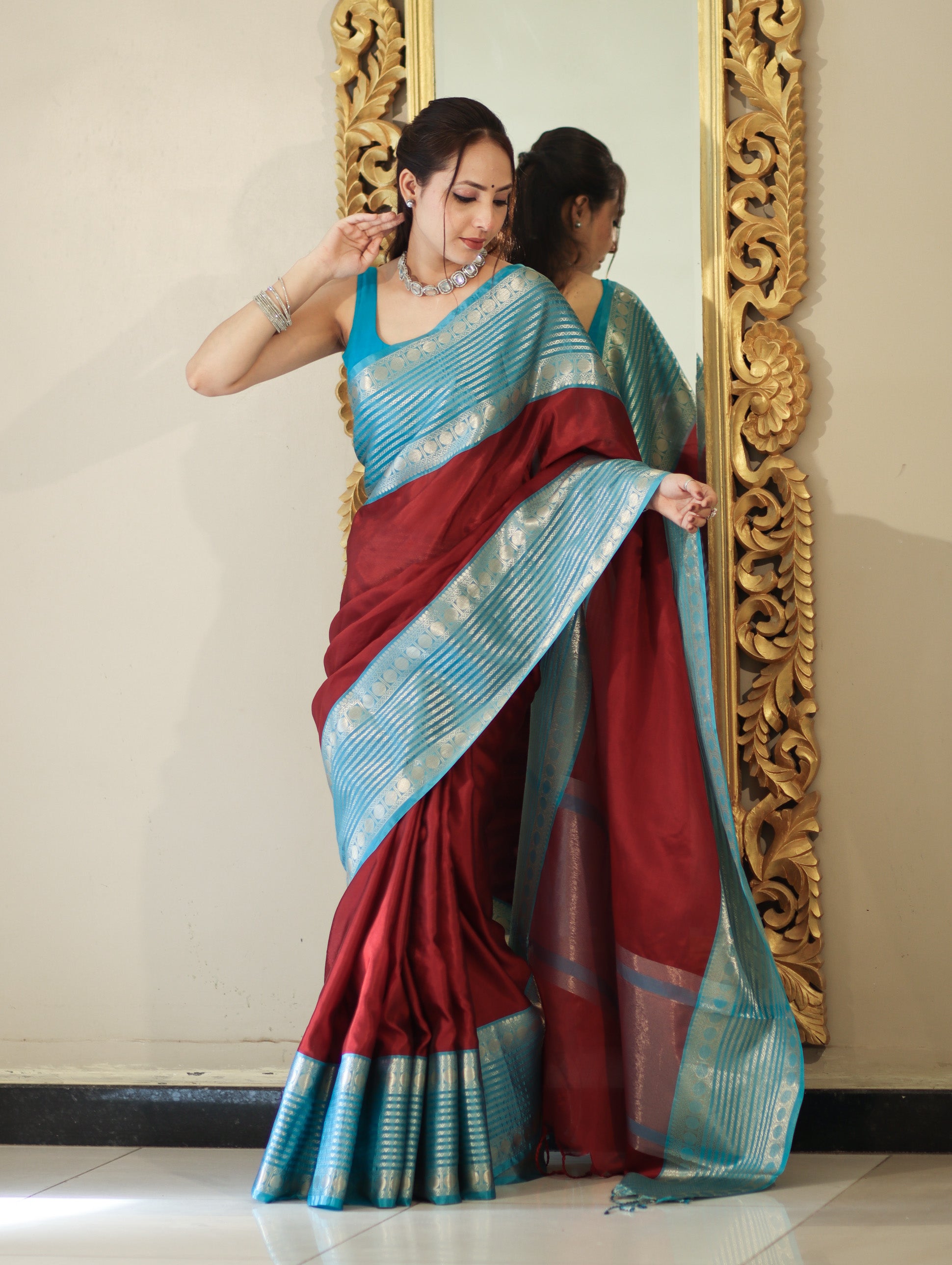 Banarasee Handloom Plain Semi Silk Saree With Contrast Temple Border-Maroon & Blue