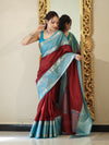 Banarasee Handloom Plain Semi Silk Saree With Contrast Temple Border-Maroon & Blue