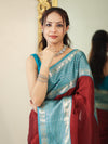 Banarasee Handloom Plain Semi Silk Saree With Contrast Temple Border-Maroon & Blue
