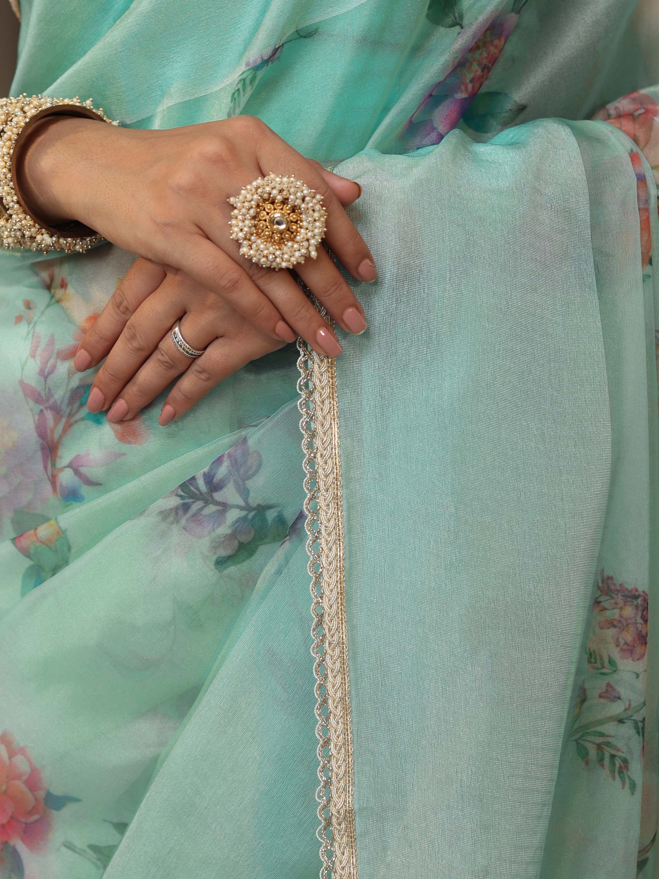Banarasee Digital Printed Tissue Saree With Lace-Mint Green