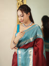 Banarasee Handloom Plain Semi Silk Saree With Contrast Temple Border-Maroon & Blue