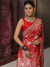 Banarasee Semi-Katan Zari Jaal Saree-Red
