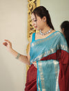 Banarasee Handloom Plain Semi Silk Saree With Contrast Temple Border-Maroon & Blue