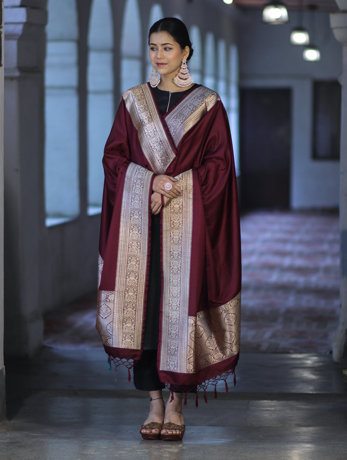 Banarasee Katan Silk Dupatta With Gold Zari Woven Border-Burgundy