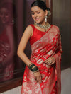 Banarasee Semi-Katan Zari Jaal Saree-Red